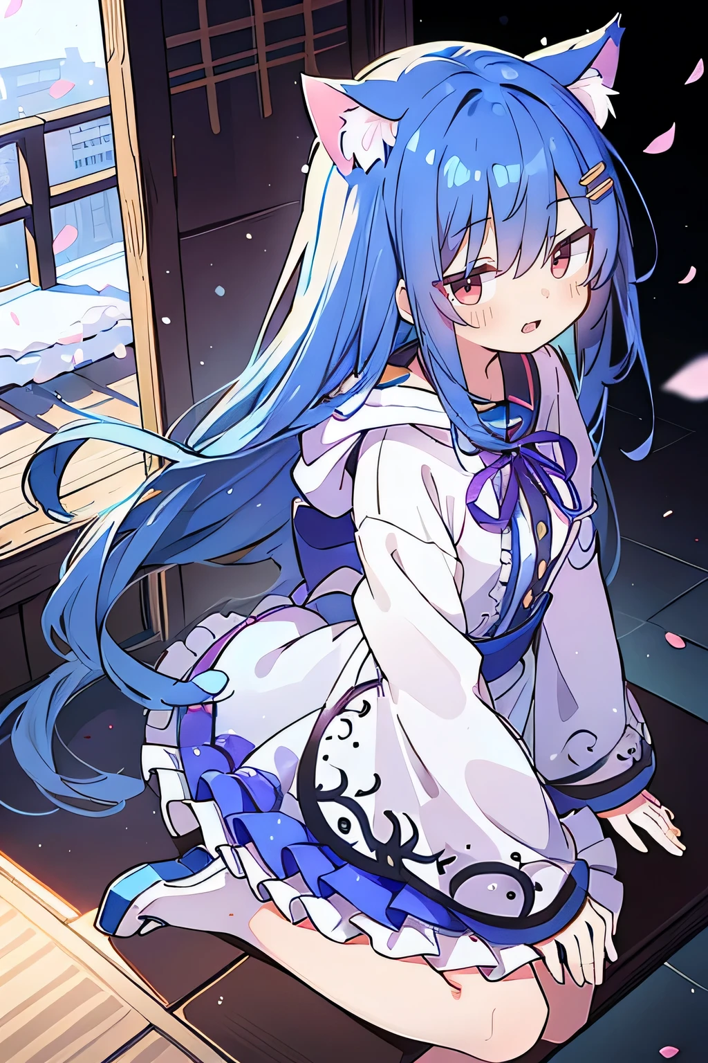 (masterpiece:1.2),Super detailed,lifelike,Expressive eyes,fair skin,perfect face shape,1 girl,
Japanese comics,Gorgeous blue hair,flowing blue hair,flowing clothes,Cat ears,Petals fall,beautiful lola,Baby Angel,
Shaking head with one hand,Cross your legs,Gentle and peaceful background,The pavilion is cool and comfortable,smile, wearing hoodie, background of tokyo,back views,snowing, winter.