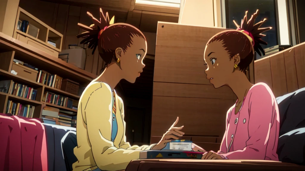 ((carol_Stanley)), One girl, Brown Hair, Dark Skin, Dark skinned women, Earrings, ponytail, short hair, One personで本を読む,　Seaside, evening,(((Movie angle))), Bed in a room with bookshelves, Night sky outside the window,One person,Illustrator,