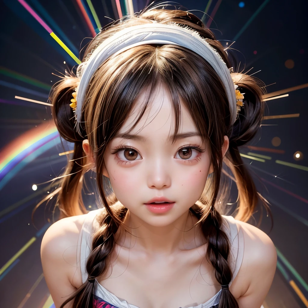 NSFW, 8k, High-level, absurd, masterpiece, best quality, primitive, very detailed CG, very detailed wallpaper, perfect lighting, Extremely detailed (((The personifying " Monkey D Luffy " as a Little Girl))), MysticSight, Tyndall effect, Tyndall scattering, Studio gray background with (many Dazzling RainbowColor particles BokeH:1.28), (RoundlyButts, ThighGap), (Exposed:0.4), (Assfocus with looking ahead), BREAK (NOGIZAKA face variations) Extremely Detailed very KAWAII face variations, perfect anatomy, Childish, captivating gaze, elaborate detailed Eyes with (sparkling highlights:1.28), long eyelashes、Glossy RED Lips with beautiful details, Coquettish tongue, Rosy cheeks, Radiant PearlSkin with clear transparency . { (Dynamic LifeLike expressions:1.4) | :d) }, (large eyes:-1) .