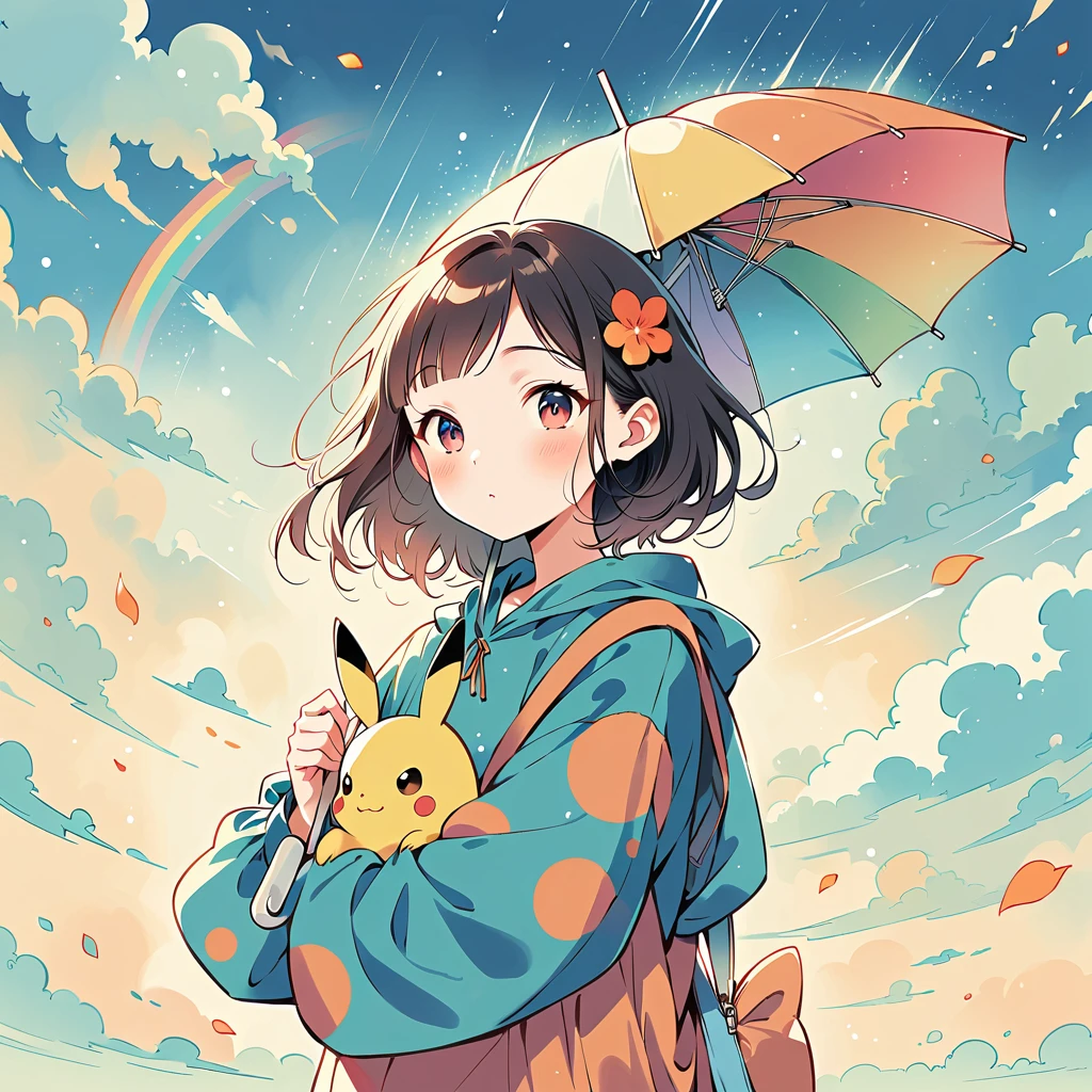 ((anime:1.4,illustration)),(masterpiece, top quality, best quality),(ultra-detailed, absolutely resolution),((16k, high res)), (((Pikachu holding an umbrella in the rain, a rainbow is out, the sky is half sunny and half rainy)) ((cozy lofi illustration:1.4)), ((anime:1.4, illustration)),(masterpiece, top quality, best quality),(ultra-detailed, absolutely resolution),((16k, high res))