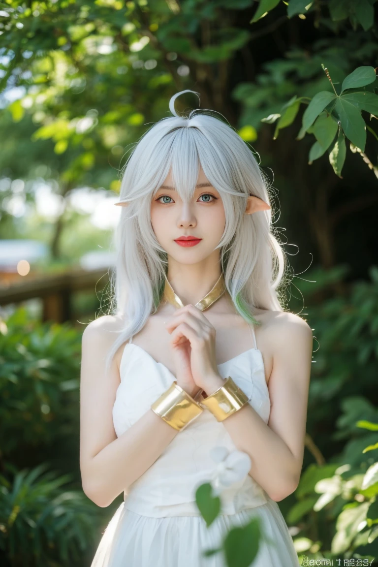  best quality,tmasterpiece,Ultra-high resolution,Clear face,（Reality：1.4），RAW photo，cold light，(upper body photo:1.5), (photorealistic:1.50), anime wallpaper, Guviz style artwork, fantasy close-up to magic, by Yang J, Guviz, beautiful artwork illustration, beautiful digital artwork, beautiful digital illustration, Li Song, beautiful anime portrait, art style at Beauvot, 1boy,smile, bracelet,bangs,(male focus,muscular:1.8),green eyes, dress, white dress, long hair, stirrup legwear, pointy ears, multicolored hair, standing, side ponytail, jewelry, white hair, gradient hair, tree, symbol-shaped pupils, hair ornament, bangs, 独奏, toeless legwear, outdoors, white socks, looking at viewer, toes, no shoes, socks, bracelet, feet, closed mouth, cross-shaped pupils, green hair, holding, hair between eyes, bare shoulders, sleeveless, day, flower, green cape, short sleeves, sleeveless dress, plant, white footwear