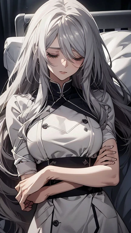 (Confused, High resolution, Very detailed), 1 female, Silver Hair,Long Hair,,White patient gown,,Appearance of the injury,24th generation,beauty,mature,thin,quiet,calm,Sleeping in a medical bed,Bandage on right arm,hospital,I was injured,bandage,tired,Sleeping,lethargy,