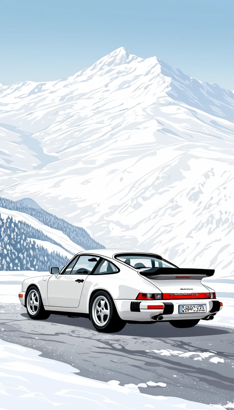 high details vector illustration of Porsche 964 carrera 4, white, back side view , realistic snowy mountain landscape