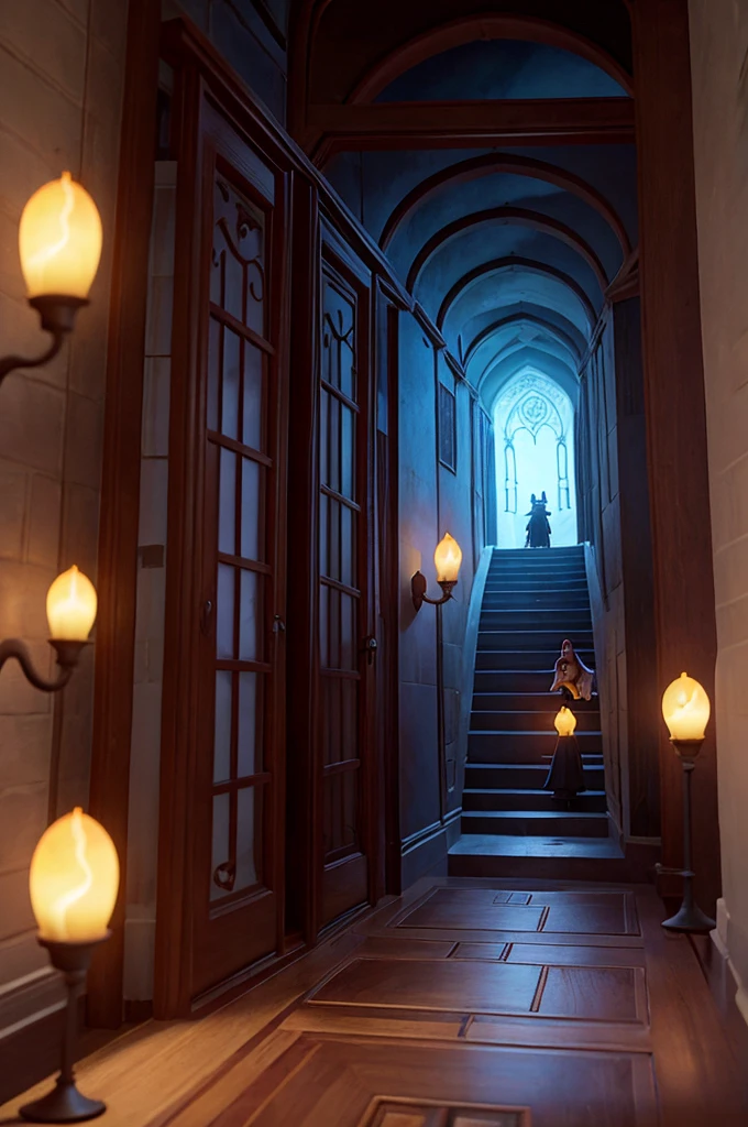 Inside, the tower was a maze of narrow corridors and steep stairs. The walls were covered in arcane symbols and dark tapestries, and the air was heavy with evil spells. Advancing cautiously, Luna and Felicia came face to face with various magical traps: doors that suddenly closed, will-o'-the-wisps that tried to deceive them, and mirrors that reflected distorted and frightening images. ((only place))