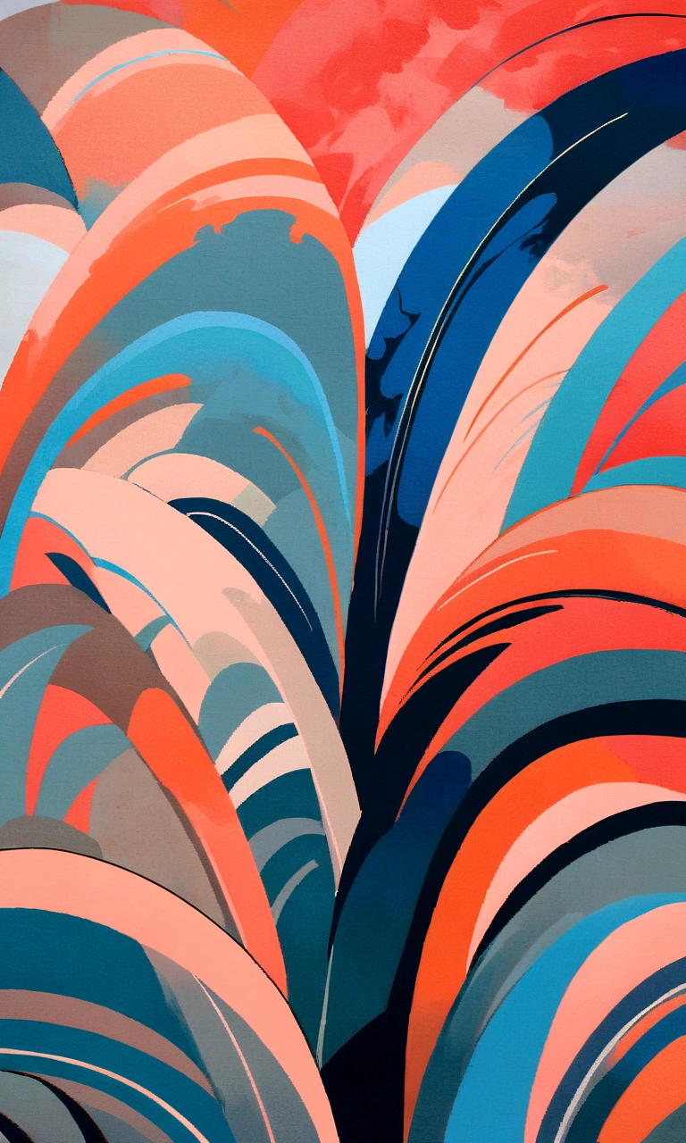 modern abstract painting, grey, blue, salmon color, Round asymmetrical abstract graphics, harmonious colors, major, high quality, Brushstrokes, balanced composition