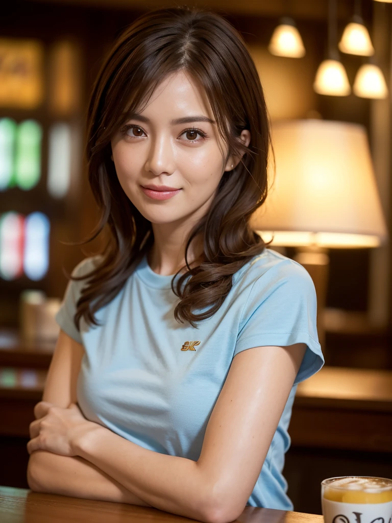 Tabletop, highest quality, Realistic, Very detailed, Fine details, High resolution, 8k wallpaper, 1. Beautiful woman, Wear a brightly colored casual t-shirt, Large Bust, In a great pub, ((View your viewers)), At night, Light brown messy hair, Perfect dynamic composition, Beautiful details