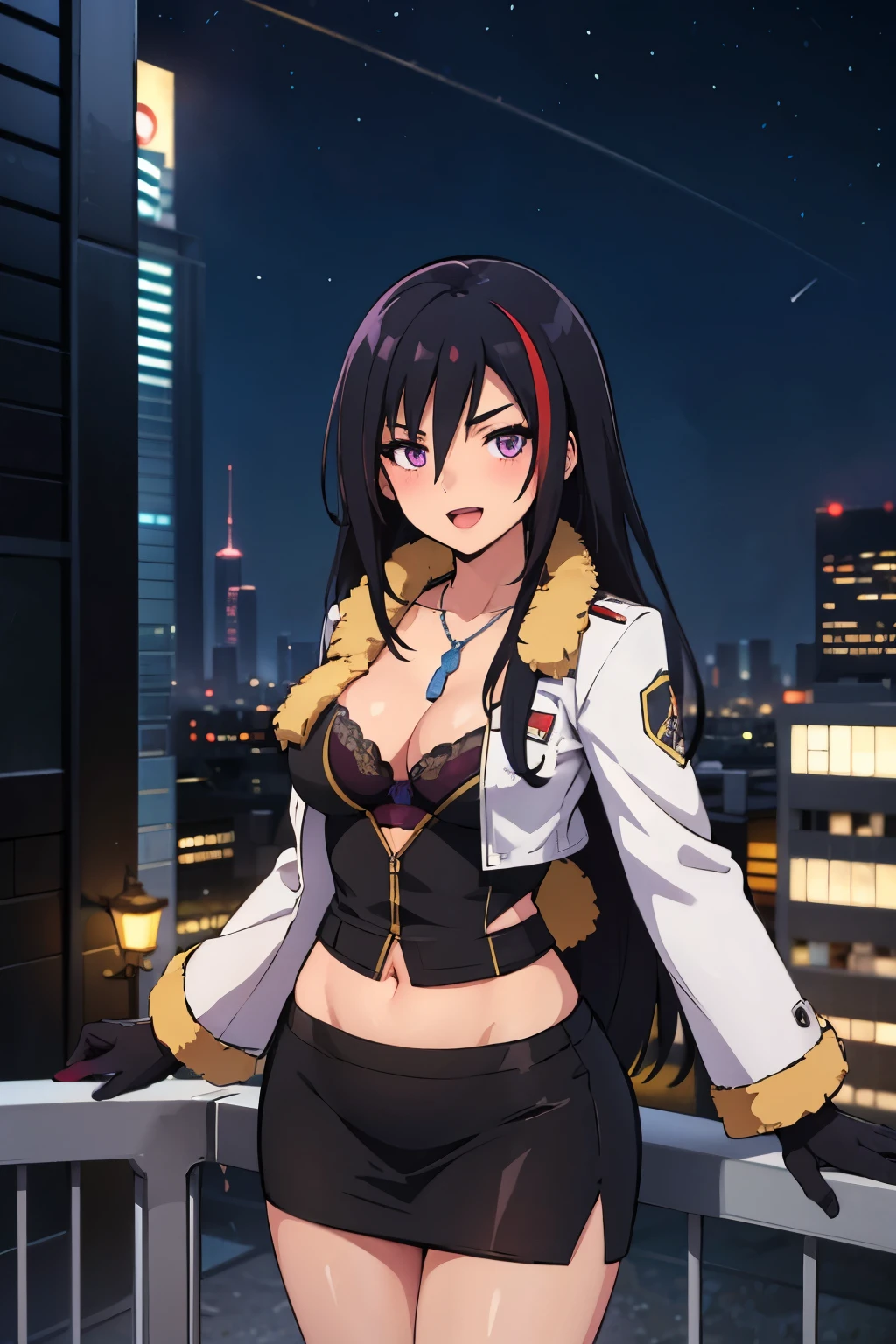 (masterpiece, best quality:1.2) (1girl, solo, beautiful detailed girl), 
mysterygirl, black hair, streaked hair, red hair, long hair, purple eyes, medium breasts,
dog tags, blush, lipstick, fur trim, mature female, gloves, fur-trimmed coat, outdoors, rooftop, cityscape, building, railing, night sky, scenery, city lights, masterpiece, best quality, highly detailed, a girls with a gun, open mouth, blazer, sexy gaze, (nsfw) not
safe for work, badass pose , evil smile, smile, black bra, anime girl with long hair, long haired girl,
navel, evil expression, exposed belly, exposed navel, exposed midriff, exposed lower belly, micro
miniskirt, micro pencil skirt, pencil skirt ,holding a gun,