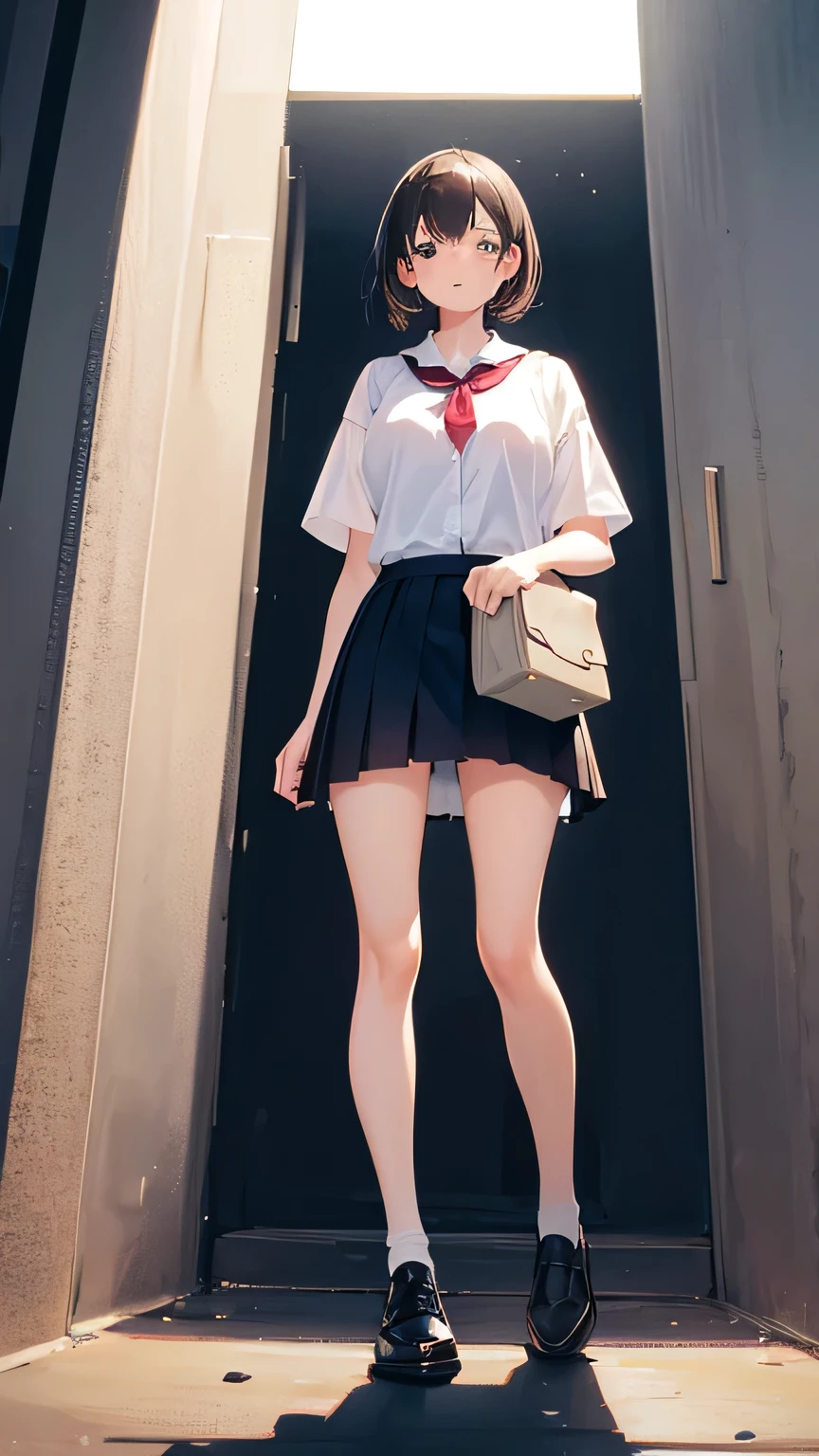 (masterpiece), best quality, high resolution, highly detailed, detailed background, perfect lighting, outdoor, 1girl, petite, short hair, blunt bangs, doll joints, school uniform