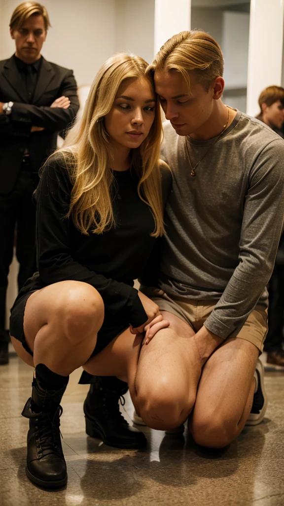 A blonde-haired woman kneels in front of a man