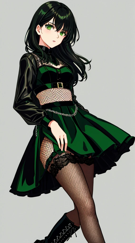 straight black hair, intense green eyes, medium height, black crop with lace details, short leather skirt, fishnet tights, highheeled boots adorn with silver bracelets and col