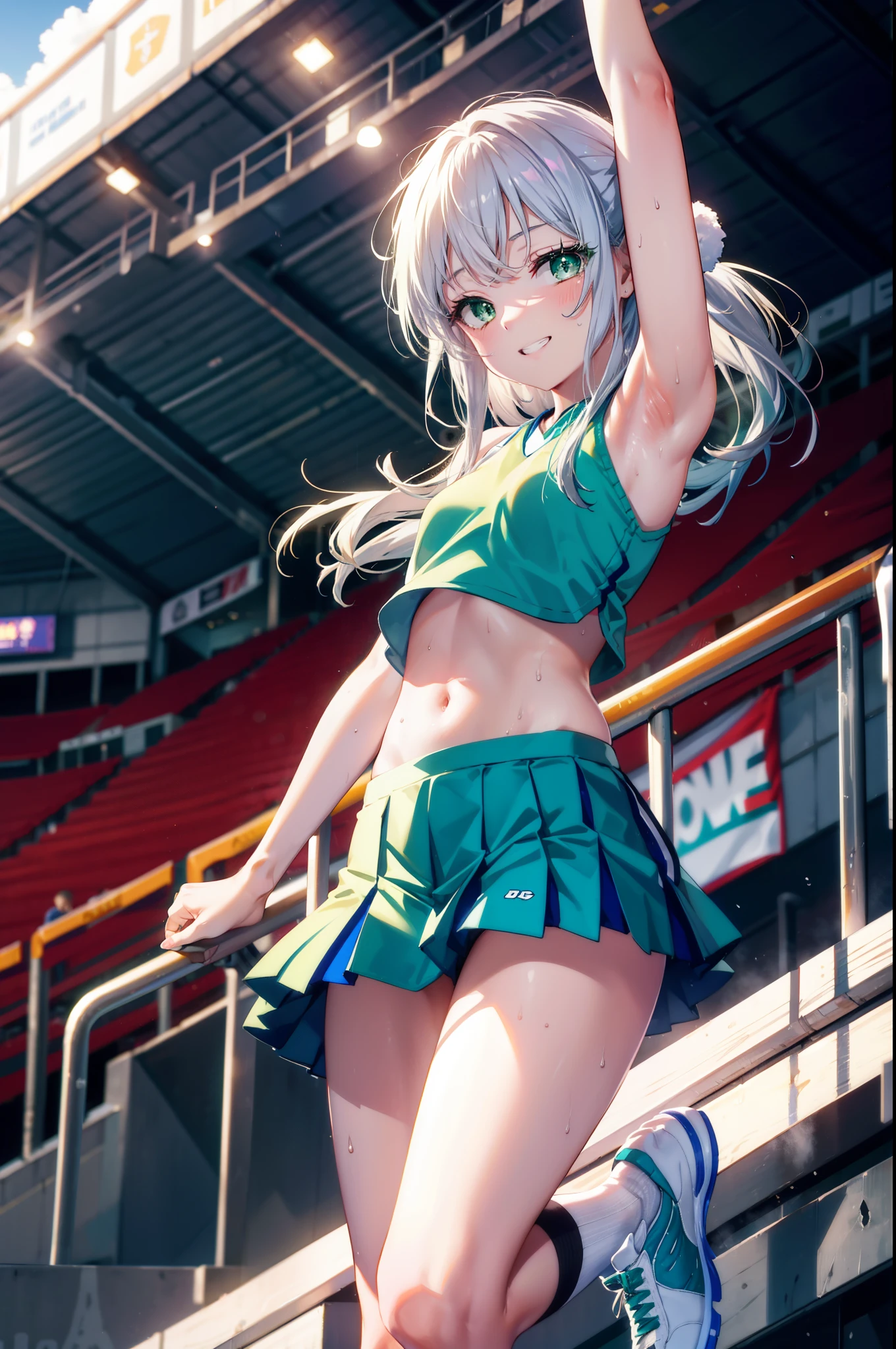 index, index,Silver Hair, (Green Eyes:1.5),Long Hair, (Flat Chest:1.2),Grin,tooth,Daytime,sunny,
,(cheer leading), (whole body), Lower, (Sweaty), Sweaty Wet Clothes, (White clothes),Sleeveless, Pleated skirt,Black socks,sneakers, Belly button support, playground, (Jump), (Jump), 足を曲げてJumpする, air, blue sky, Grass原, smile,Cheerleader, Pom-pom \(cheer leading\)have, Grass, smile, whole bodyがイラストに入るように,
break looking at viewer, whole body,(Cowboy Shot:1. 5) ,
break outdoors, Stadium,crowd, people々々々,A packed audience,
break (masterpiece:1.2), Highest quality, High resolution, unity 8k wallpaper, (shape:0.8), (Beautiful and beautiful eyes:1.6), Highly detailed face, Perfect lighting, Extremely detailed CG, (Perfect hands, Perfect Anatomy),