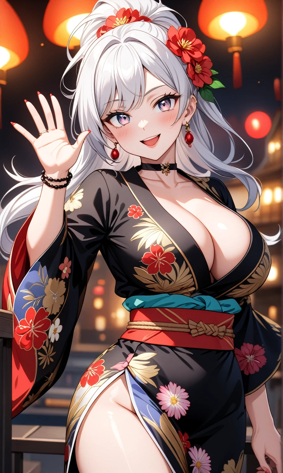 ((One personの女性)), Beautiful Face,Laughing embarrassedly,((Wink:2.0)),Laugh with your mouth wide open, ((waving at viewer:1.7)),((Bright red cheeks:1.4)),Shiny red lips,night,rooftop,Festive decorations,You can see the ocean, firework,Laughing with your mouth open,Glossy pink lips,Lighting on the face,((Anime style background)),masterpiece, Highest quality, so beautiful,Latest, Complex details, (Pink long nails),(ring),(bracelet),(choker),AI-generated, Complex,High resolution, Highest quality, super high quality,3D Images、3D Images,One person,Long white hair,High Ponytail,(blue eyes),Anime woman posing for a photo, ((Fine grain、Silvery white colorful eyes、Shining Eyes:1.4)),(Squint your eyes:1.1),a hyperRealistic , hyperRealistic , Realistic,Anime woman with long and white hair, Smooth anime CG art, A woman in a colorful kimono with gold embroidery, (Black long sleeve kimono),Red floral pattern,Long flower hair ornament,Big earrings,Mature Body,(Big Breasts:1.1),Tall,Abdominal muscles,Narrow waist,(Zoom in on face:1.6),Shooting from below at an angle