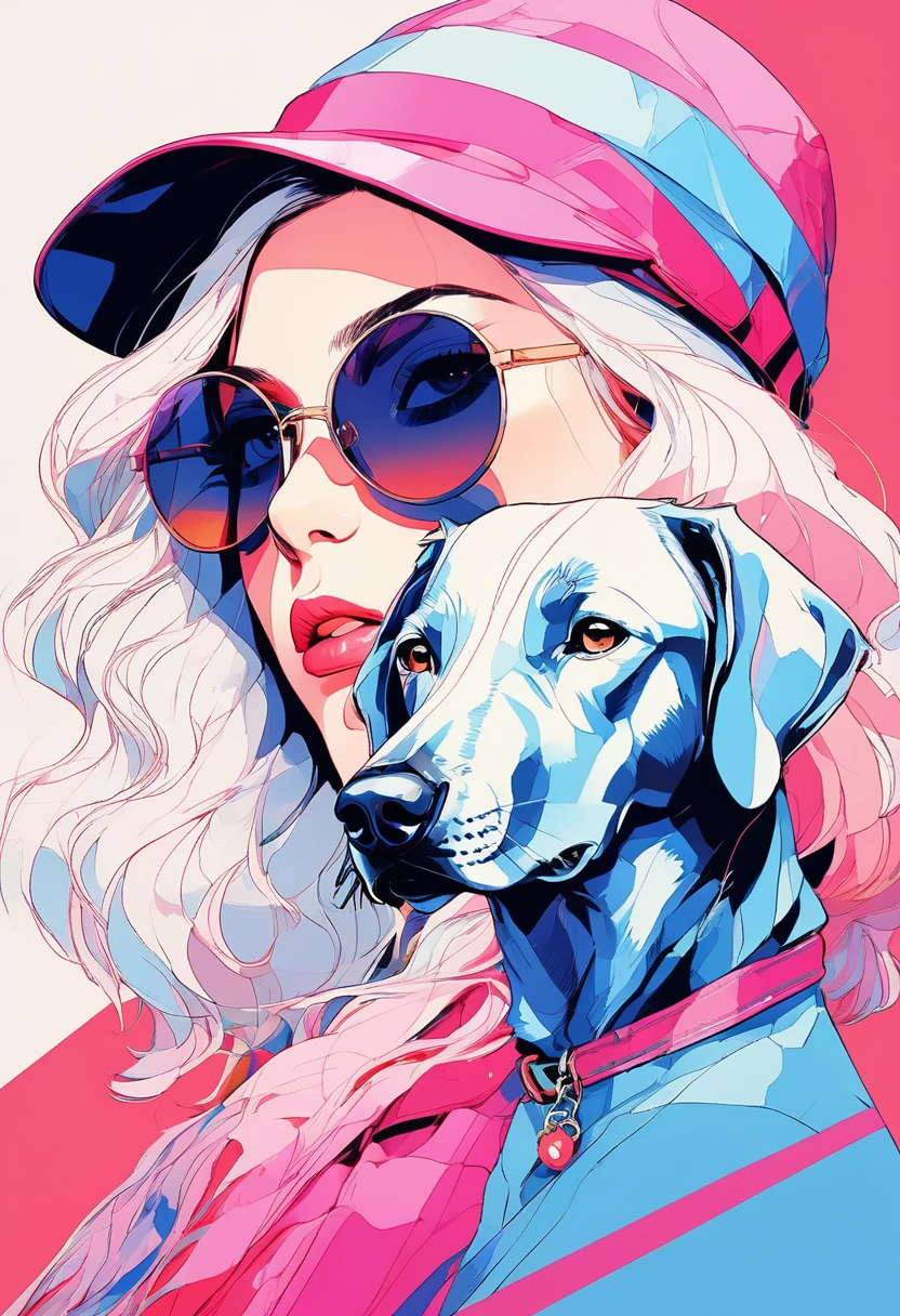 (Highest quality:0.8), (Highest quality:0.8), Perfect illustration,Portrait of a beautiful woman and her dog(Highest quality:1.2, City Pop Style, Very detailed, up to date, Vibrant, High Contrast, masterpiece:1.2, Highest quality, Best aesthetics), girl, ((Face Up Shot:1.4)), Colorful Hair, Bobcut, pastel colour, 1980s style, ((Retro, Vintage, Solid color background)), (sunglasses).