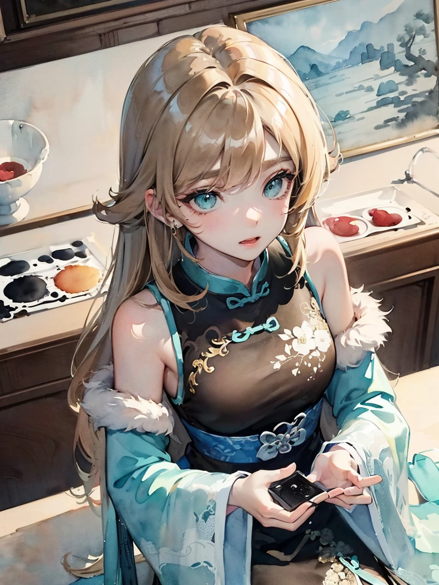 (((((((Chinese Ink Painting，Watercolor，Chinese Clothing,Bare shoulders,very long sleeves,cyan hair,Transparent sleeves,Brown vest with fur cuffs)))))))，((1Lady,可爱的韩国混血沙特阿拉伯girl，瘦Face，Solitary,))(masterpiece,best quality, official art, Beautiful and aesthetic:1.2),((Ultra-high resolution,Golden Ratio,)) (16K),((Melon seed Face，from above，,Full figure,Chinese Ink Painting的详细背景)),(Physically Based Rendering),Astonishing,Clear focus, (((High Detail Skin,))),Exquisitely detailed clothing,Eyebrow，Long eyebrows,Delicate pupils,danfeng eye,((((detailed头发,long hair,#1: Bold Long Side Bangs|Exquisite tailoring|Fluffy high bun|Undercut)))),slim,(Masterpiece side light),(luster),(beautiful hair,漂亮的Eye,）[[Delicate fingers and hands:0.55]::0.85],(Detail fingers),(((upscale,)))),((Unbelievable and ridiculous,)),((Extremely_detailed_Eye_and_Face)),girl,(Dynamic Configuration: 1.2),outstanding,smooth,Beautiful woman, (Reality), The rear window lighting is backlit, black background, Black skirt, 黑Gloves, Black Hair, earrings, Flowing hair, Gloves, 金earrings, golden hairband, Flowering, Hair accessories, ((Hair Band)), Jewelry, Light Particles, View Viewer, Off-shoulder dress,  petal, Side Rock, Very beautiful dress, Double-sided fabric