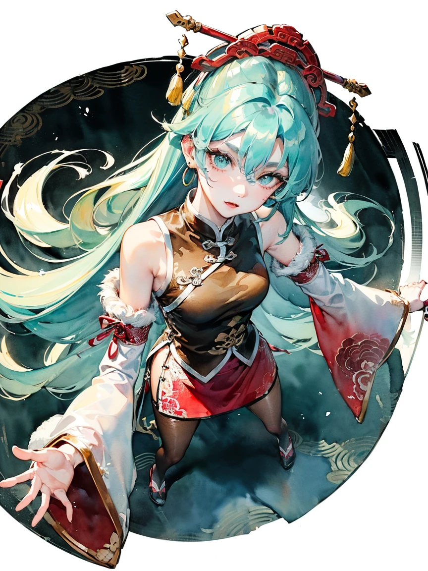 (((((((Chinese Ink Painting，Watercolor，Chinese Clothing,Bare shoulders,very long sleeves,cyan hair,Transparent sleeves,Brown vest with fur cuffs)))))))，((1Lady,可爱的韩国混血沙特阿拉伯girl，瘦Face，Solitary,))(masterpiece,best quality, official art, Beautiful and aesthetic:1.2),((Ultra-high resolution,Golden Ratio,)) (16K),((Melon seed Face，from above，,Full figure,Chinese Ink Painting的详细背景)),(Physically Based Rendering),Astonishing,Clear focus, (((High Detail Skin,))),Exquisitely detailed clothing,Eyebrow，Long eyebrows,Delicate pupils,danfeng eye,((((detailed头发,long hair,#1: Bold Long Side Bangs|Exquisite tailoring|Fluffy high bun|Undercut)))),slim,(Masterpiece side light),(luster),(beautiful hair,漂亮的Eye,）[[Delicate fingers and hands:0.55]::0.85],(Detail fingers),(((upscale,)))),((Unbelievable and ridiculous,)),((Extremely_detailed_Eye_and_Face)),girl,(Dynamic Configuration: 1.2),outstanding,smooth,Beautiful woman, (Reality), The rear window lighting is backlit, black background, Black skirt, 黑Gloves, Black Hair, earrings, Flowing hair, Gloves, 金earrings, golden hairband, Flowering, Hair accessories, ((Hair Band)), Jewelry, Light Particles, View Viewer, Off-shoulder dress,  petal, Side Rock, Very beautiful dress, Double-sided fabric