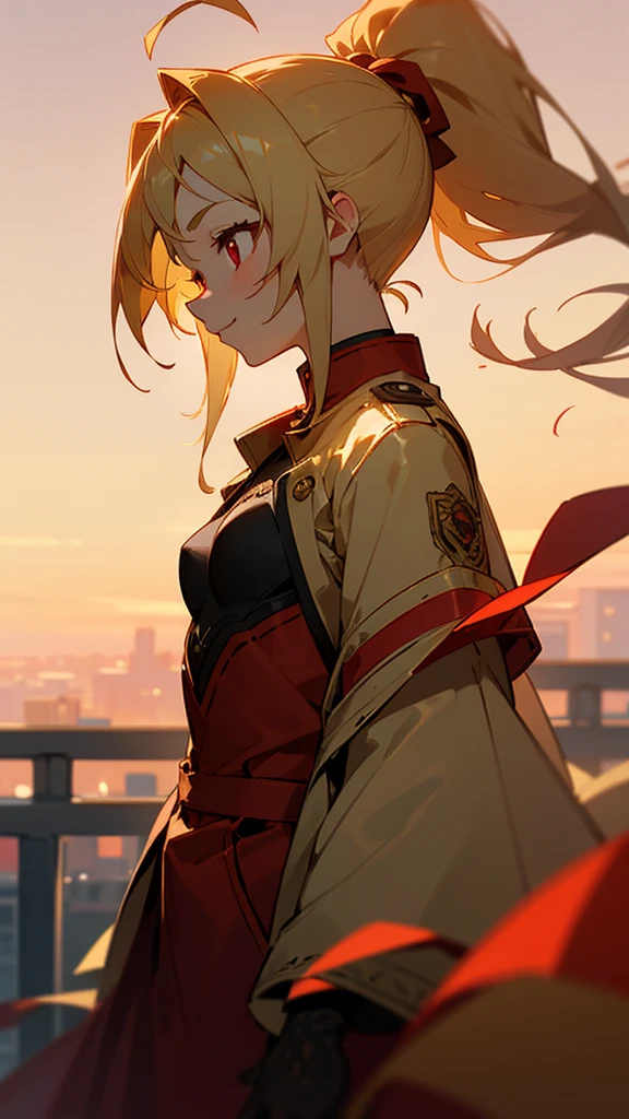 1 Girl、、Sharp focus、(Bokeh) (Highest quality) (Detailed skin:1.3) (Intricate details) (anime)、Genki Girl、Small breasts、Red Riders Jacket、blonde、Beautiful red eyes、ponytail、Ahoge、gloves、Bright smile、terrace、Blowing in the wind、Golden Hour Sky、profile、Upper body close-up