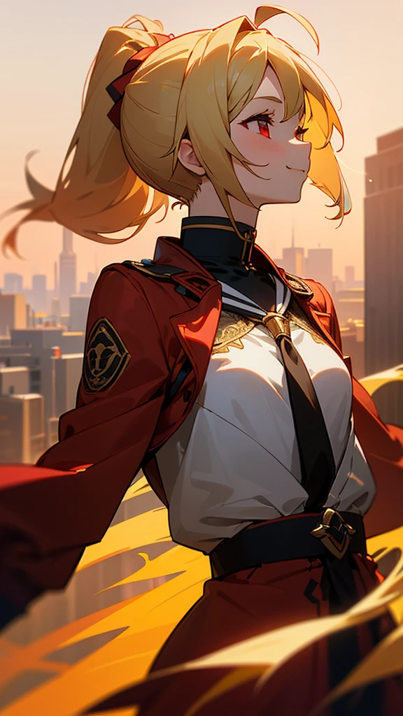 1 Girl、、Sharp focus、(Bokeh) (Highest quality) (Detailed skin:1.3) (Intricate details) (anime)、Genki Girl、Small breasts、Red Riders Jacket、blonde、Beautiful red eyes、ponytail、Ahoge、gloves、Bright smile、terrace、Blowing in the wind、Golden Hour Sky、profile、Upper body close-up