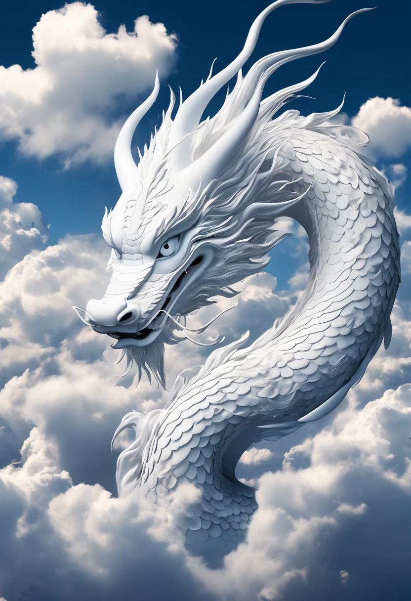 surreal ，A white Chinese dragon swims on the clouds,bird&#39;s eye view style，Red and yellow gradients，beautiful clouds，Sky，very festive, Chinese elements，Commercial Photography, glow, Divine Thunder, Ray tracing