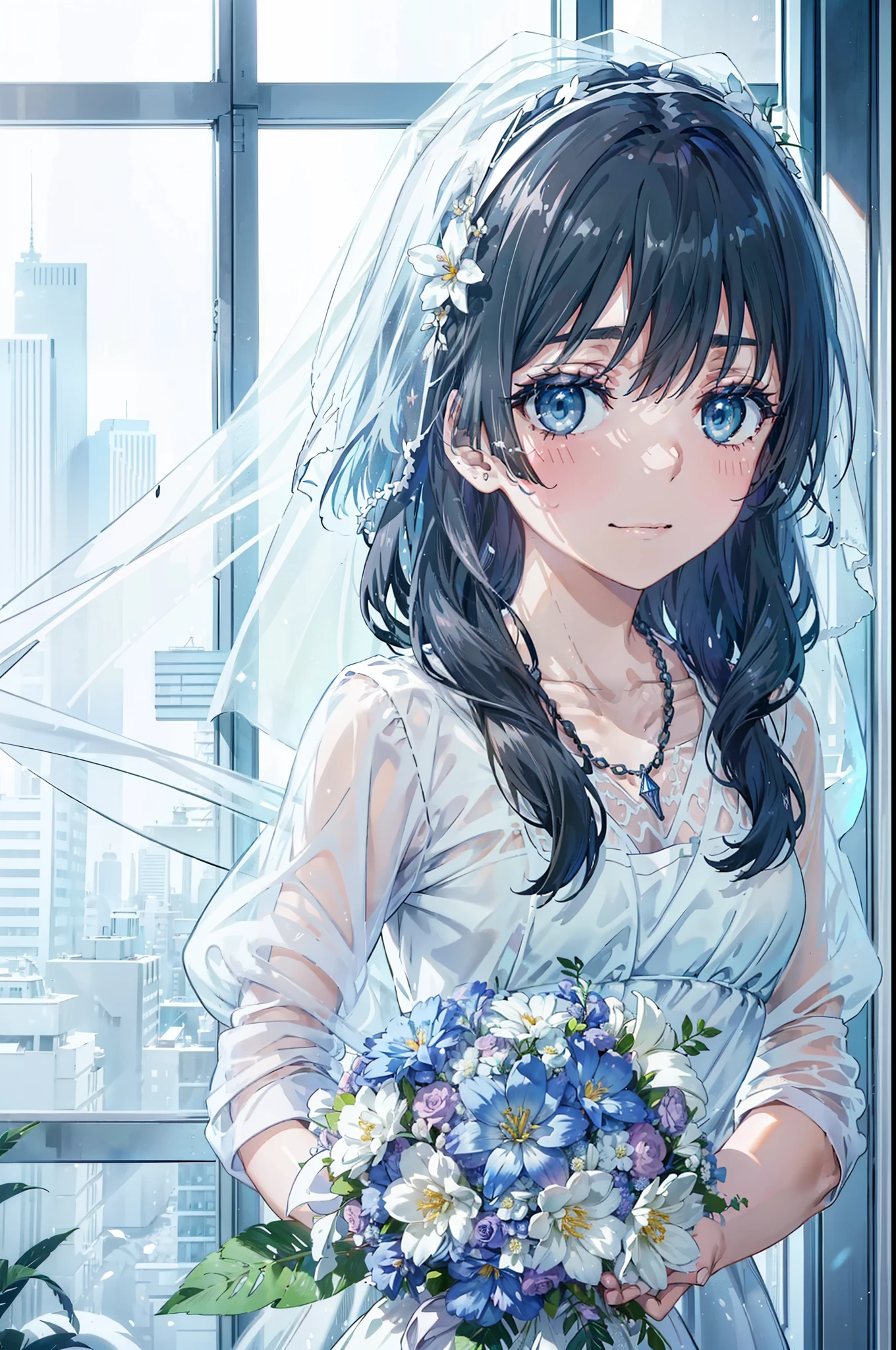 Okay, Saten Ruiko, Black Hair, blue eyes, Long Hair, hair ornaments, Floral decoration,Grin,smile,Veil,blush,Wedding dress,Off the shoulder,necklace,Wedding Skirts,Traveling with a large bouquet,Flower storm,Stained glass,
break indoor, Chapel,Association,
break looking at viewer, Upper Body,whole body,(Cowboy Shot:1. 5) ,
break (masterpiece:1.2), Highest quality, High resolution, unity 8k wallpaper, (figure:0.8), (Beautiful attention to detail:1.6), Highly detailed face, Perfect lighting, Highly detailed CG, (Perfect hands, Perfect Anatomy),