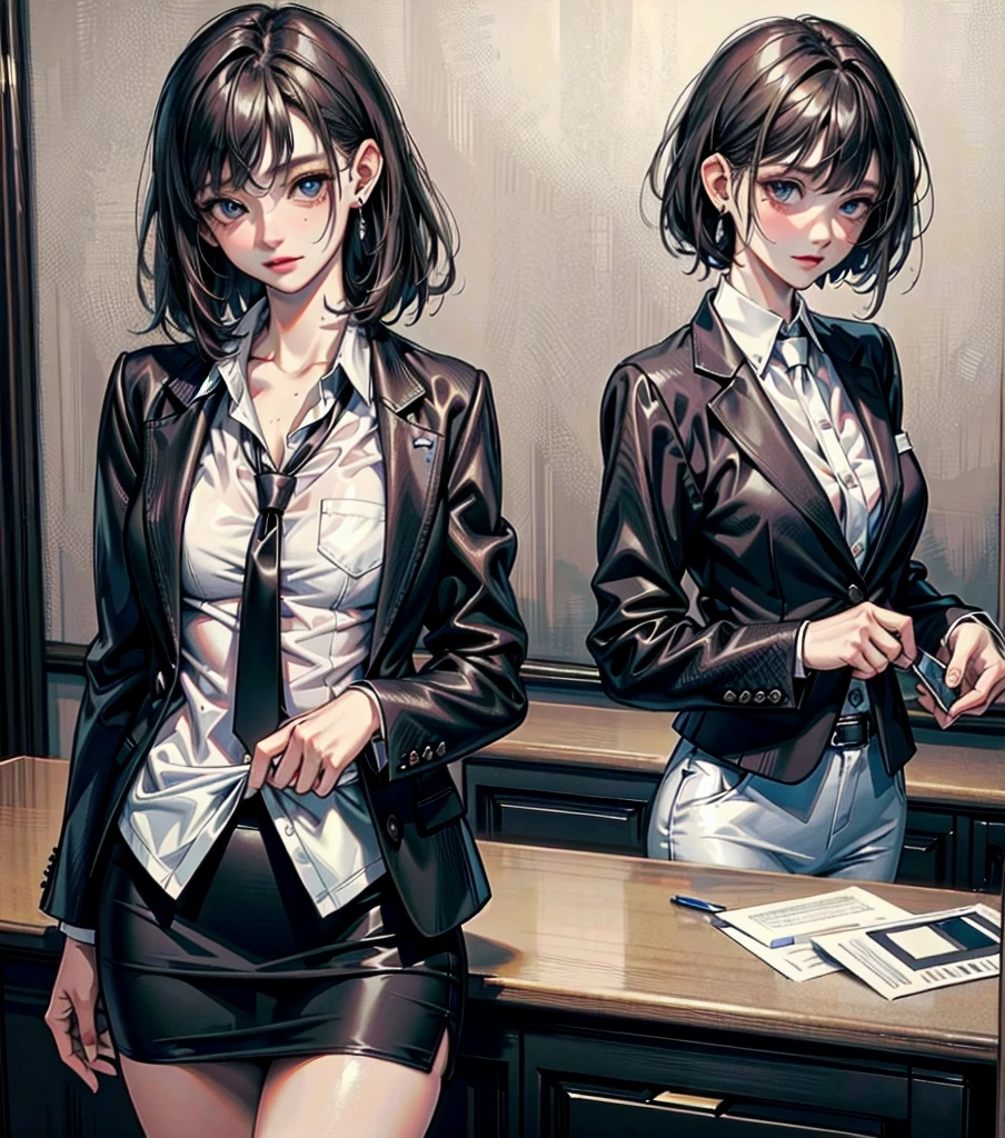 RAW photo, extremely delicate and beautiful, masterpiece, Best Quality, ultra high resolution, 16k, photorealistic, ultra detailed description, pale skin, in her 20s, whole body, medium tits, medium hair, black hair, tearful mole, earring, business suit, blazer, pencil skirt, collarbone, shirt, tie,