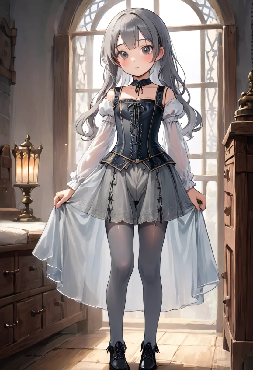 8  medieval girl, underwear姿、Knee-length drawers（underwear）Wearing、Wearing a corset、Translucent slip, Grey translucent tights