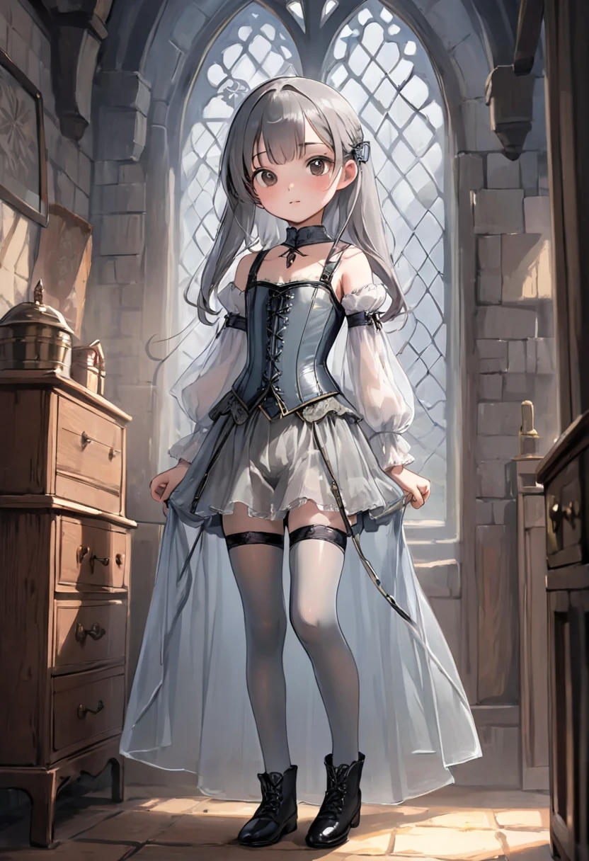 8 year old medieval girl, underwear姿、Knee-length drawers(underwear)Wearing、Wearing a corset、Translucent slip, Grey translucent tights