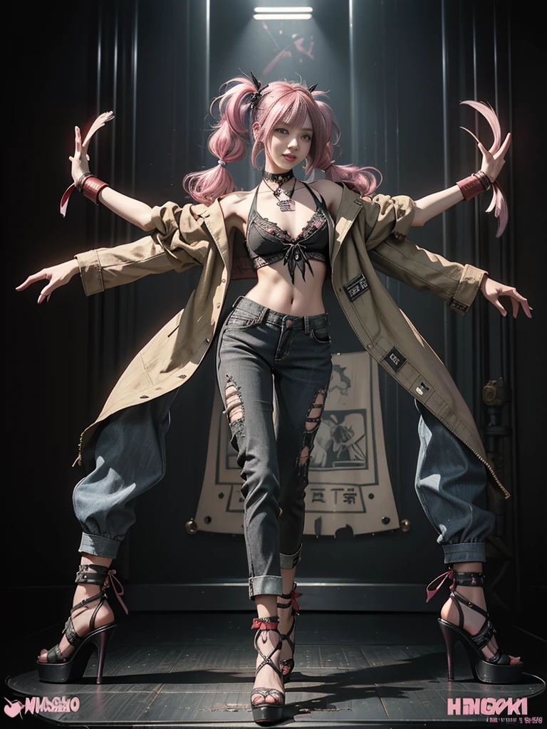 (Full Body View:1.3)、(Side view:1.1)、(Beautiful face:1.3)、(Smiling with teeth showing:1.3),(Shibuya Gal:1.5)、(Beverly Hills Whore:1.4)、(Neo-goth fashion:1.5)、(Punk RockVisual Kei:1.4)、(Modern white and red Barong:1.5)、(Tattered brown and charcoal denim bugle pants:1.5)、(Mustard Yellow Headband:1.3)、(Charcoal and khaki high heels:1.4)、collar、(We sell patterned underwear with logos.:1.4)、、NSFW,((Highest quality、In 8K、masterpiece:1.3))、Sharp focus:1.2、(Layered Cut、Huge boobs:1.1),Beautiful woman with perfect figure:1.4、(Open legs:1.3)、(Raise your arms:1.2)、(Open your crotch:1.3)、Slender Abs:1.2、Butt、Highly detailed face and skin texture、Detailed eyes、double eyelid,(Twin tails:1.3)、(Pink Hair:1.3)、Dynamic Pose、Obscene pose、Humiliating pose、Gravure idol、(luxury fashion show stage:1.3)、(Make your legs thinner:1.4)、(Slim body:1.3)、(clavicle:1.1)