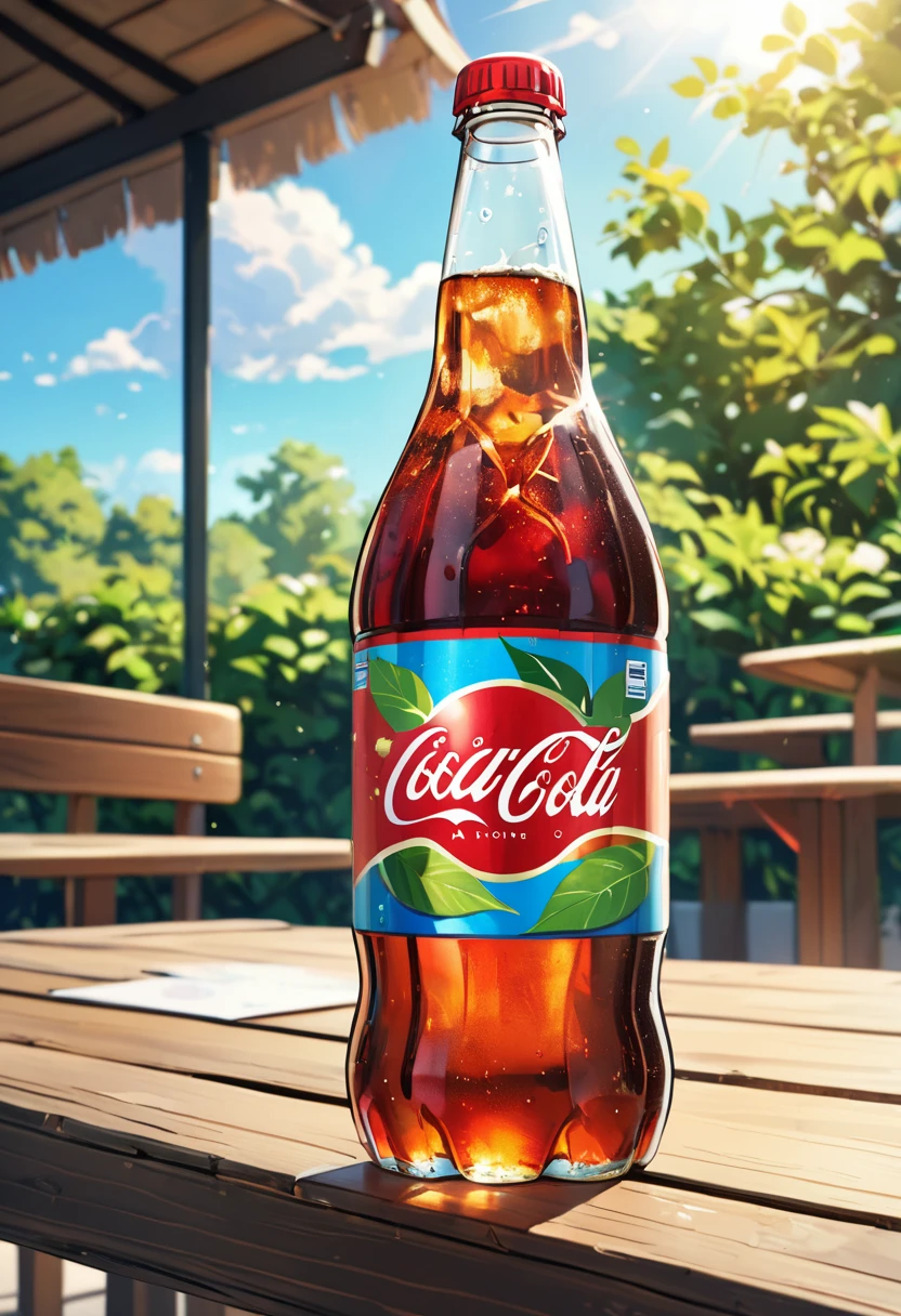 a bottle of soda, on the table, summer noon,