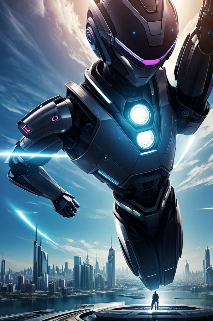 Generate a cover for my utopia, which is about a man, which in the future, wakes up around the year 3024. Everything is futuristic, there are robots and flying cars