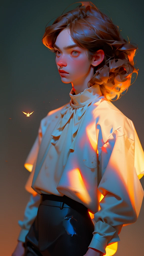 movies poster, butterfly, science fiction, movies, atmosphere, sky, man and feman couple, Blonde and long-haired women, adult, (realism: 1.4), Highest quality, Masterpiece, man, thin, (1 person, white loose shirt, black pants, Viewers watch, brown hair, gray eyes, gag, upper body), (Idol Face, Korean Page, sharp eyeliner) (man), (Face focus, I can, Lightning in the movies, (Light Spring Theme, ผู้manผมสั้น),((close-up of feman face on background of man standing in foreground))