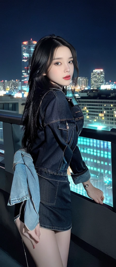 ((midnight, best quality, 8 thousand, masterpiece :1.3)), (enlargement), sharp focus, pretty girl with perfect body, ((black hair, )), (denim jacket, short skirt, standing), ((night city view, rooftop)), Highly detailed face and skin textures, detailed eyes, double eyelid,