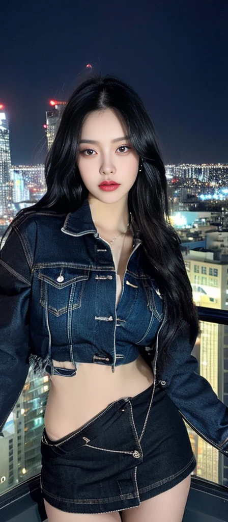 ((midnight, best quality, 8 thousand, masterpiece :1.3)), (enlargement), sharp focus, pretty girl with perfect body, ((black hair, )), (denim jacket, short skirt, standing), ((night city view, rooftop)), Highly detailed face and skin textures, detailed eyes, double eyelid,