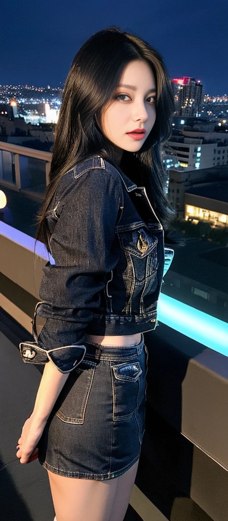 ((midnight, best quality, 8 thousand, masterpiece :1.3)), (enlargement), sharp focus, pretty girl with perfect body, ((black hair, )), (denim jacket, short skirt, standing), ((night city view, rooftop)), Highly detailed face and skin textures, detailed eyes, double eyelid,