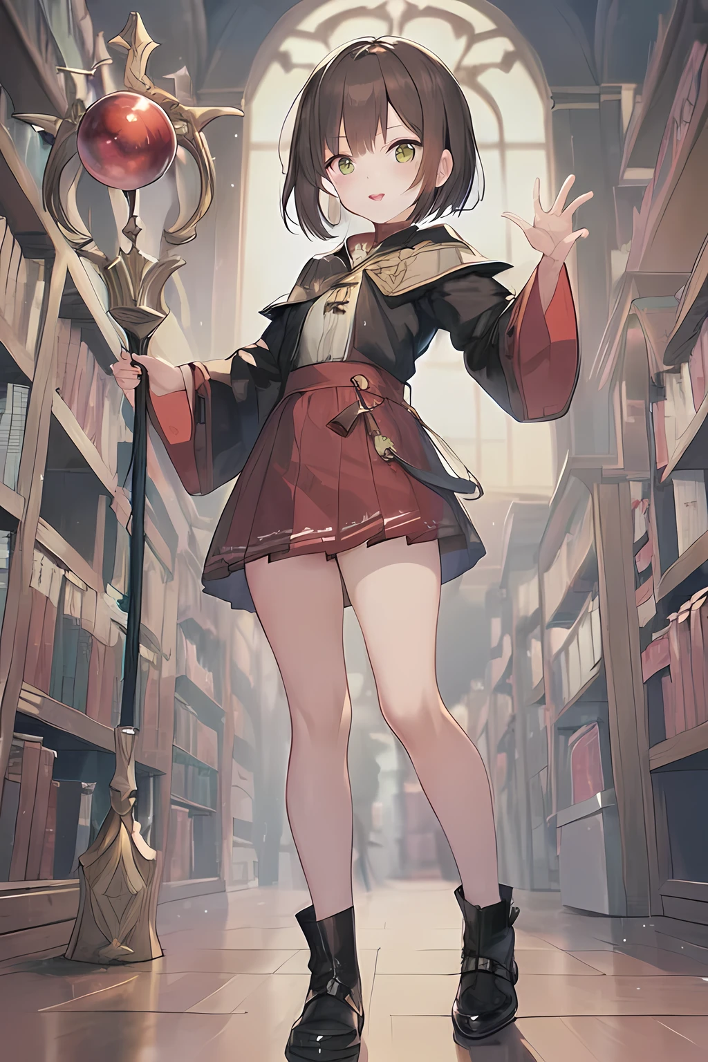 (master piece:1.3, best quality:1.3, ultra detailed:1.3), CG, 8k, illustration, kawaii, intelligent face, 1girl, solo, shiny hair, shiny skin, black short hair, blunt bangs, BREAK, emerald eyes, BREAK, (Standing Upright), natural hand poses, (face and body straight at the camera:1.3), (full body:1.3), 1.4m talls, short height, (flat chest,), small ass, BREAK, (red mage clothes:1.2), BREAK, (dark brown skirt:1.2), BREAK, hold a 1.3m long and thick mage's staff with red magic stone, (fantasy world:1.4), Inside the Magical Library
