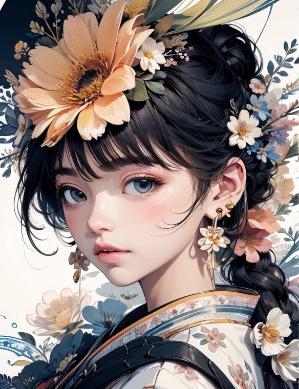 Simple composition、The background is white clouds、cute、perfect anatomy、painterly、sketch、texture、solo、very detailed、(fractal art:1.1)、(Gentle colors:1.1)、(Floral:1.6)、most detailed、(tangled:1.2)、(dynamic pose)、(abstract background:1.3)、(shiny skin)、(lots of colors:0.8)、、(earrings:1.4)、(feather:0.9)、Taisho romance,(masterpiece、highest quality、highest quality、official art、beautiful beautiful:1.2)、
