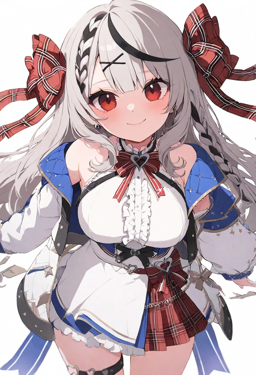 (masterpiece), (best quality), perfect face, beautiful girl, white background background, delicate and beautiful face and eyes, dark intense shadow, 
1 girl, vtuber style, cool girl, hololive, Sakamata Chloe, idol, hololive idol unifrom, big chest, winking, smile, body visible through clothes, chest visible through clothes, ass visible through thighs, (full body), looking at viewer, standing, 