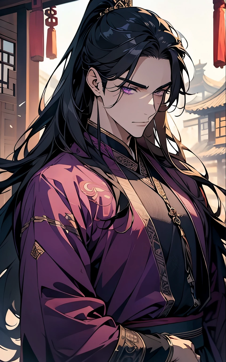 1 middle-aged man, (45 years old), long black hair, violet eyes, chinese clothes, (!PURPLE! clothes), available at purple traditional chinese town