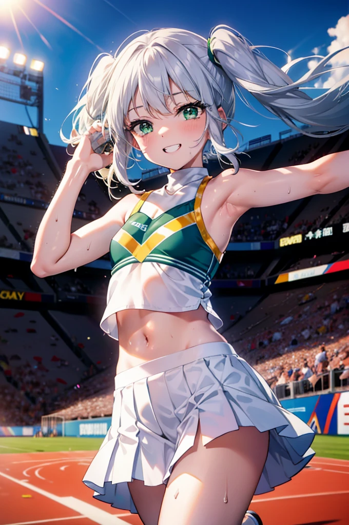 index, index,Silver Hair, (Green Eyes:1.5),Long Hair, (Flat Chest:1.2),Grin,tooth,Daytime,sunny,
,(cheer leading), (whole body), Lower, (Sweaty), Sweaty Wet Clothes, (White clothes),Sleeveless, Pleated skirt,Black socks,sneakers, Belly button support, playground, (Jump), (Jump), 足を曲げてJumpする, air, blue sky, Grass原, smile,Cheerleader, Pom-pom \(cheer leading\)have, Grass, smile, whole bodyがイラストに入るように,
break looking at viewer, whole body,(Cowboy Shot:1. 5) ,
break outdoors, Stadium,crowd, people々々々,A packed audience,
break (masterpiece:1.2), Highest quality, High resolution, unity 8k wallpaper, (shape:0.8), (Beautiful and beautiful eyes:1.6), Highly detailed face, Perfect lighting, Extremely detailed CG, (Perfect hands, Perfect Anatomy),