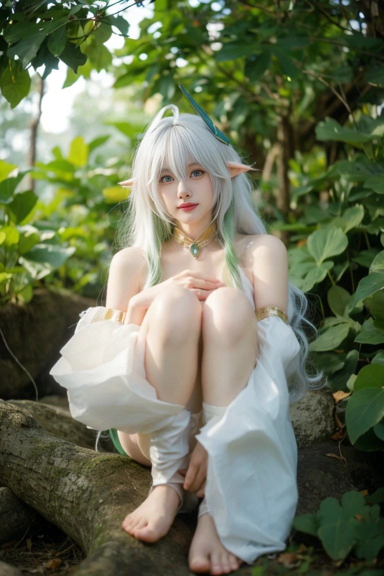 best quality,tmasterpiece,Ultra-high resolution,Clear face,(Reality:1.4),RAW photo,cold light,(upper body photo:1.5), (photorealistic:1.50), anime wallpaper, Guviz style artwork, fantasy close-up to magic, by Yang J, Guviz, beautiful artwork illustration, beautiful digital artwork, beautiful digital illustration, Li Song, beautiful anime portrait, art style at Beauvot, 1 girl, smile, bracelets, bangs, green eyes, dress, white dress, long hair, stirrup footwear, pointed ears, colorful hair, standing, side ponytail, jewelry, white hair, gradient hair, tree, shaped pupils symbol, hair ornament, bangs, 独奏, barefoot, outdoors, white socks, looking at viewer, toes, without shoes, socks, bracelets, feet, closed mouth, cross-shaped pupils, green hair, holding, hair between eyes, bare shoulders, sleeveless, day, flowers, green robe, short sleeves, sleeveless shirt, plant, white footwear