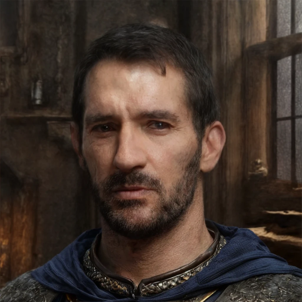 (masterpiece)+, (extremely (realistic)+,a portrait of an ugly adult male small town bailiff, wearing blue coat and chainmail shirt, Focused stare. Looking in camera. volumetrics dtx, Photorealistic, ultra detailed, Artstation trending, very very detailed, realistic shaded lighting, dynamic shadows, detailed Blurred fantasy bright vast wheat fields and villagers houses background, upper body, professional photograph of a detailed skin, sharp focus, dramatic, award winning, cinematic lighting, octane render, unreal engine, volumetrics dtx, Photorealistic, ultra detailed, Artstation trending, very very detailed, hyperrealistic, fine details, realistic shaded lighting, dynamic shadows, Blurred fantasy bright vast wheat fields and villagers houses background, add_detail:1, skin pores and wrinkles, details.,More Reasonable Details