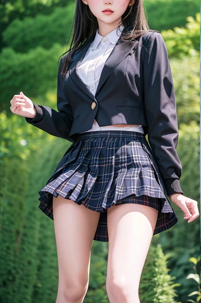 Top quality, high image, 1 woman, 18 years old, school stairs, black jacket, Medium breasts,white blouse,(plaid miniskirt), cotton panties,upskirt,from below