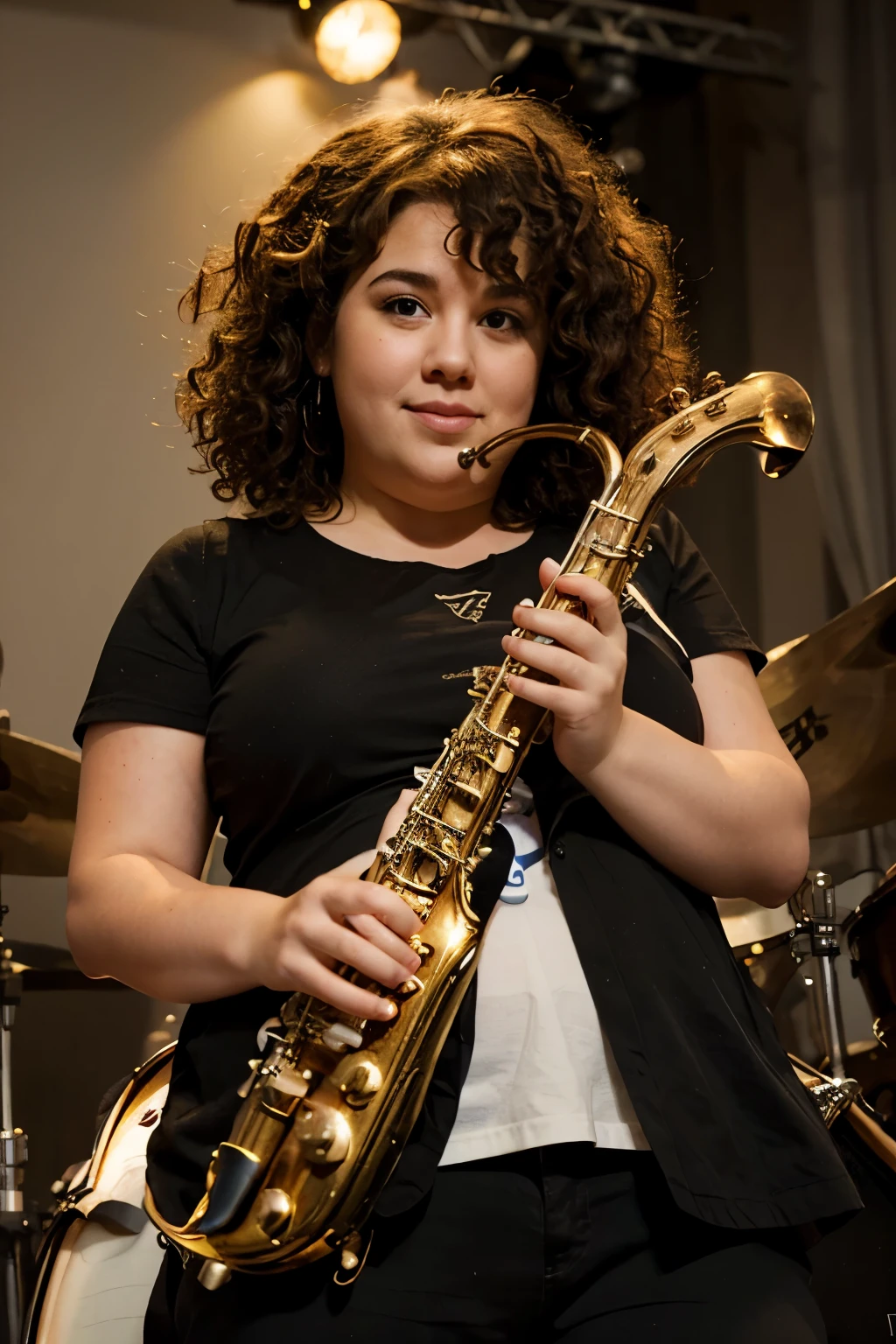 Chubby saxophonist musician with curly hair like a Disney-Pixar cartoon