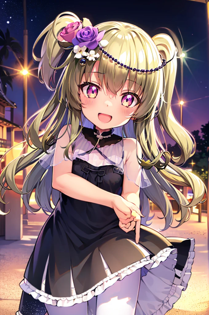 Himari Mei, masterpiece, loli, cute, flat chest, cute and shy smile, highly detailed sparkling brilliant purple eyes, open mouth slightly, standing in summer beach, aquamarine sea, sandy beach, black dress, perfect body, detailed hands, waving for viewer