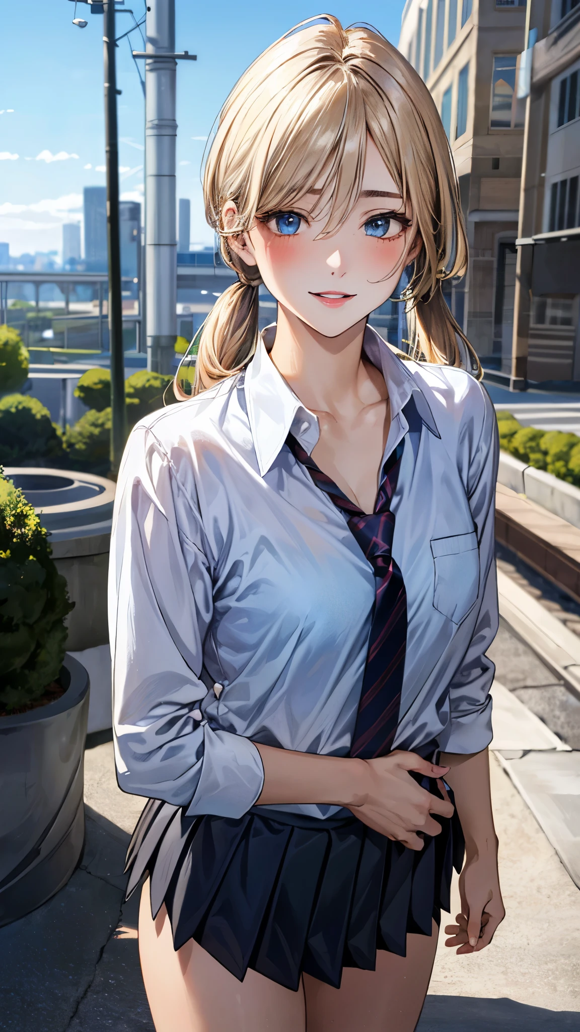 (masterpiece:1.3, top-quality, ultra high res, ultra detailed), (realistic, photorealistic:1.4), beautiful illustration, perfect lighting, natural lighting, colorful, depth of fields, ,
beautiful detailed hair, beautiful detailed face, beautiful detailed eyes, beautiful clavicle, beautiful body, beautiful chest, beautiful thigh, beautiful legs, beautiful fingers, shiny skin,
looking at viewer, 1 girl, high school girl, (perfect anatomy, anatomically correct, super detailed skin), cute and symmetrical face, babyface, perfect face, perfect eyes, ,
(long hair:1.4, twin tails:1.2, blonde hair), swept bangs, hair between eyes:0.6, blue eyes, big eyes, long eye lasher, (medium breasts, seductive thighs), slender, skin dendation,
detailed cloth texture, break, navy cardigan:1.2, break, (white collared shirt), break, (dark red tie), break, (light blue pleated skirt:1.2), break,
(beautiful scenery), summer, evening, (cityscape:1.2), standing, hands on chest, (lovely smile, upper eyes, parted lips),