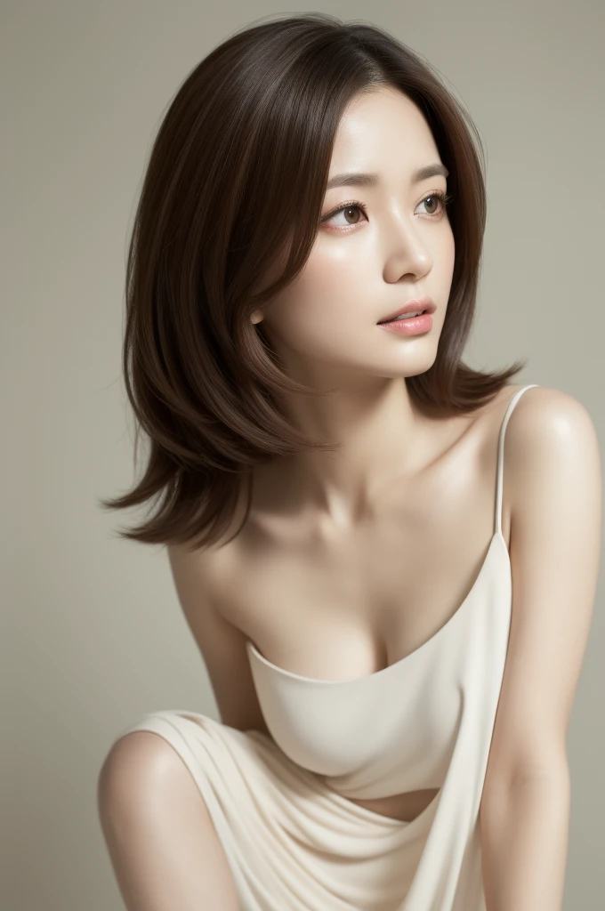 top Quority,ultra-clear resolution,Gloss on lips,Glossy glossy skin,Clean collarbone,face perfect,Bando Dress Short,Beautiful legs,Random environment、Light brown hair、gradation hair、short-cut、Curly hair