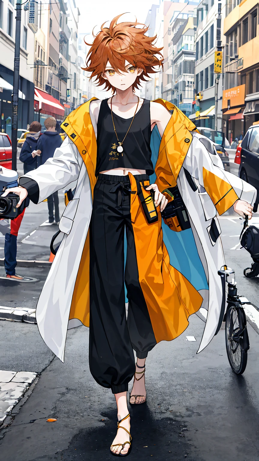 1 boy, 20 years old, flipped hair, messy hair, full body, front view, have a camera, amber hair, palazzo pants, midi coat, raise right leg,