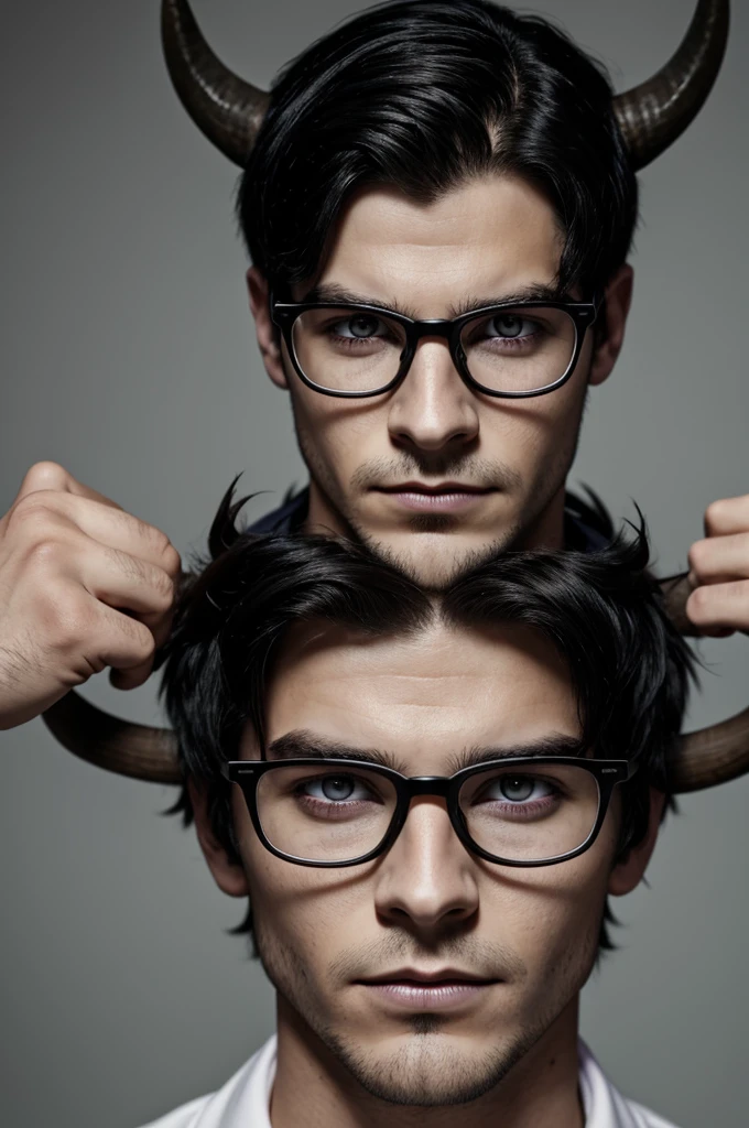 Young man with horns black hair lilac eyes with glasses and a scar on his right eye psychopathic