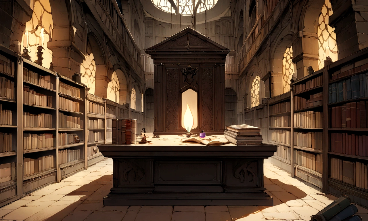 ((((masterpiece, Highest quality, High resolution)))), High detail, manga，anime，Illustration Style，Topic Prompts "A room with a desk and bookshelf,Cursed Sword,Sinister Sword, Sword on the table, background, library background, Ancient library, Standing in a magical library, Dusty library, Ruina concept art library, In a dark library, library, Adding context = Cursed Sword,Sinister Sword,Sword on the table, Magical library" possible: "Sword on the table, Surrounded by ancient documents and dusty volumes. The room exudes mystery and charm., Soft light coming through stained glass windows. Fascinated by the vast amount of knowledge. The library is reminiscent of an alchemist's sanctum, Full of ancient manuscripts, Potion Ingredients, Alchemy Equipment. A bookshelf filled with leather-bound books, The worn spine speaks of the wisdom of the years. The walls are decorated with intricate tapestries. The atmosphere was solemn and solemn., It&#39;s as if time itself is holding its breath within the walls.. Extremely detailed down to the last detail, Realistic quality, Capture the texture of the weathered page and the flickering flame of a candle. The overall color palette is rich and warm., Deep reddish, Arcee Brown, Golden decoration. The lighting casts a gentle shadow, 部屋の複雑さを明らかにする このmasterpieceは、It takes the audience into a realm of magic and knowledge., inviting them to delve into the secrets that lie within the boundless shelves of the library."