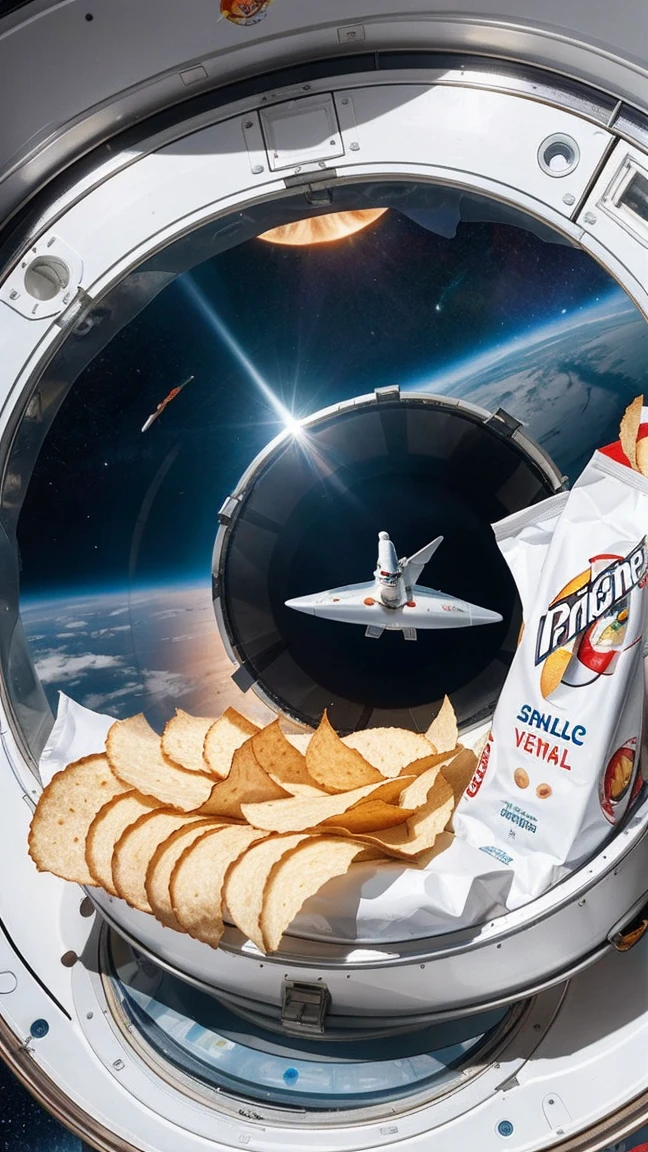 Create an image of an astronaut floating inside a spaceship, enjoying a can of Pringles. Show the Pringles can with its iconic logo, and depict a few Pringles crisps floating nearby, emphasizing their perfect shape for zero gravity. The background should include a view of Earth through a spaceship window to highlight the space setting.