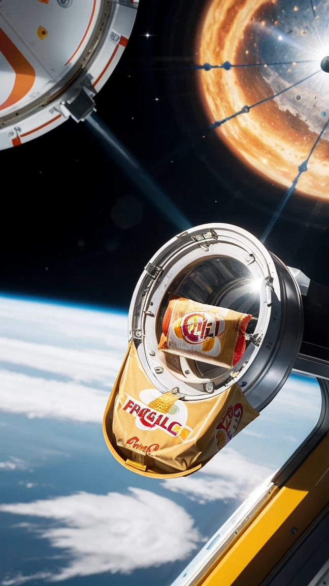Create an image of an astronaut floating inside a spaceship, enjoying a can of Pringles. Show the Pringles can with its iconic logo, and depict a few Pringles crisps floating nearby, emphasizing their perfect shape for zero gravity. The background should include a view of Earth through a spaceship window to highlight the space setting.
